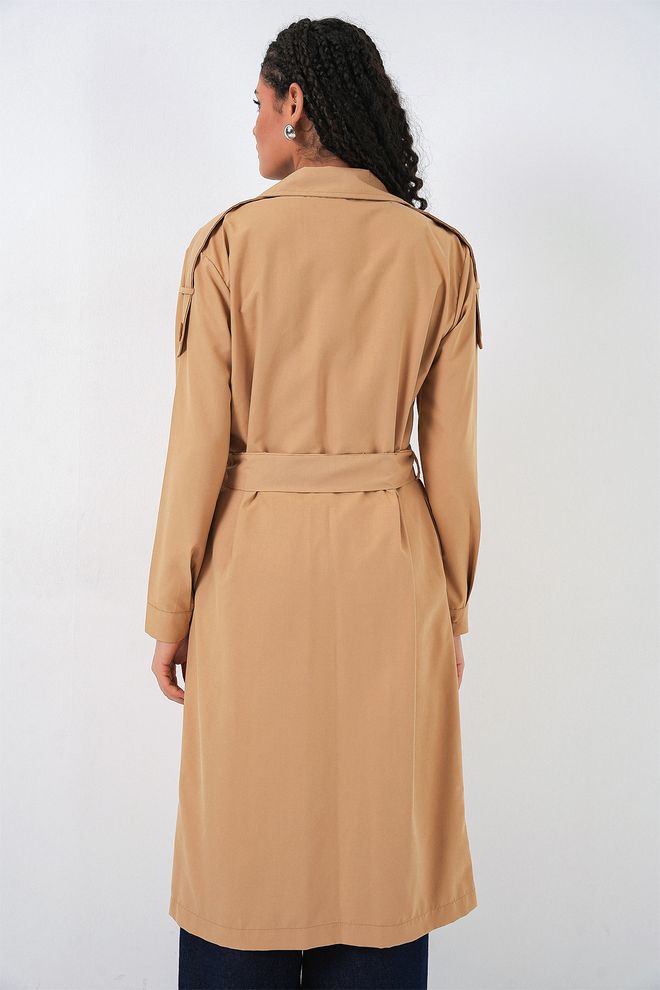 Bigdart Bej Trençkot Zarif Düğmeli Günlük Mont Toptan Giyim Nostaljik