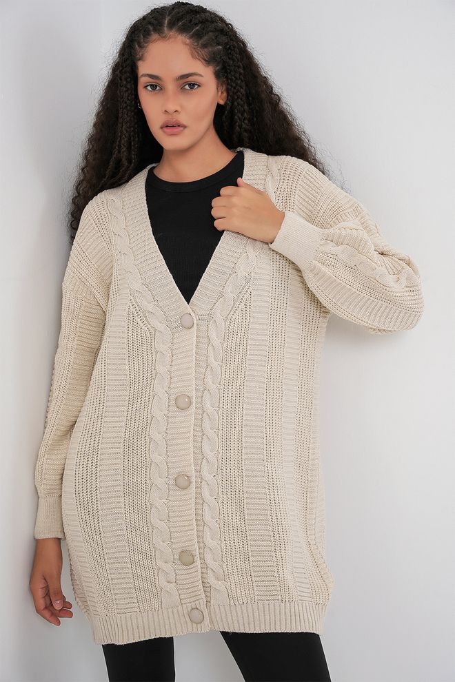 Bigdart Cardigan Beige Oversize Manica Lunga Con Scollo A V Abbigliamento all'ingrosso Casuale