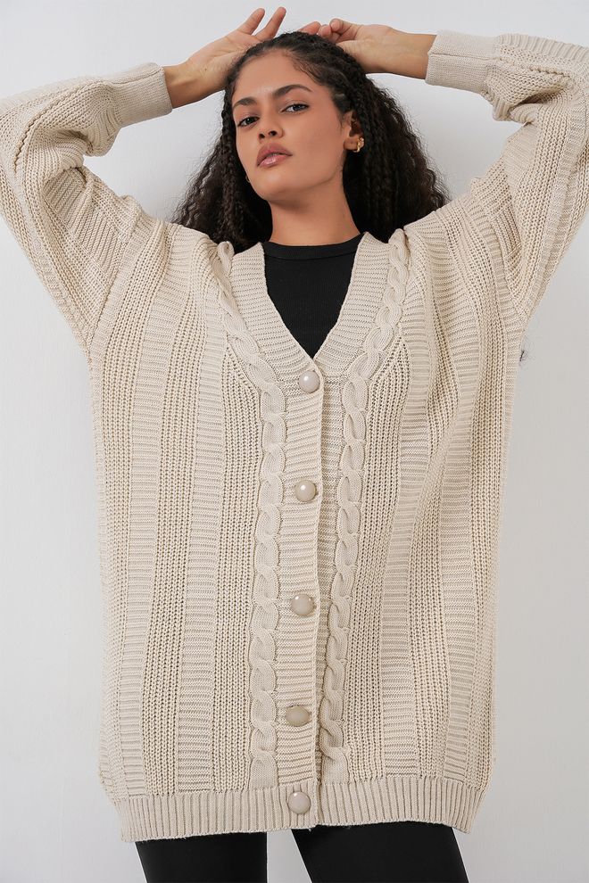 Bigdart Бежевый Кардиган Оверсайз С Длинным Рукавом И V образным Вырезом Оптовая продажа одежды Весна