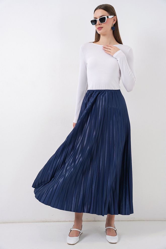 Bigdart Leather Look Pleated Skirt Navy Blue Wholesale Clothing 4