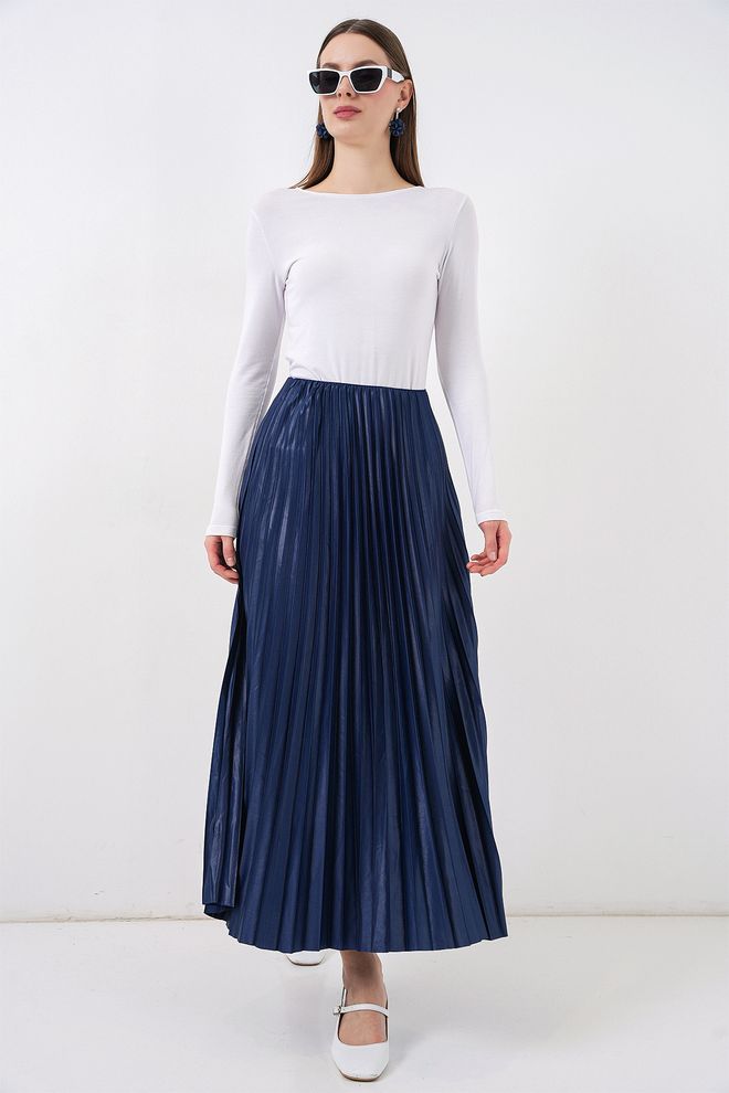 Bigdart Leather Look Pleated Skirt Navy Blue Wholesale Clothing 2