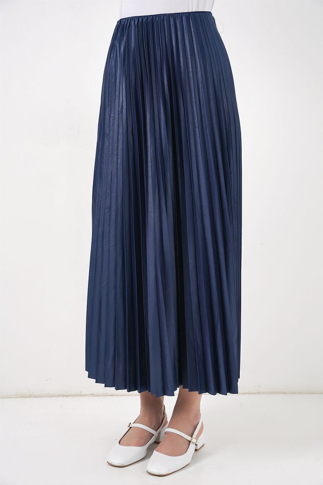 Bigdart Leather Look Pleated Skirt Navy Blue Wholesale Clothing Polyester