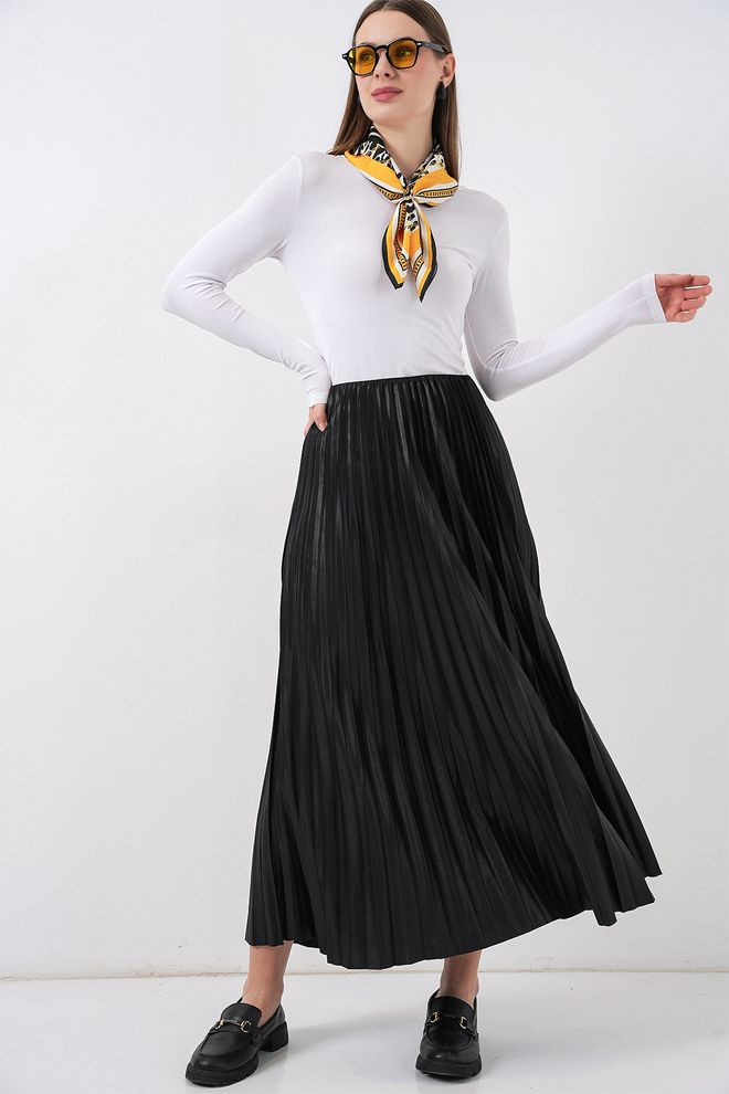 Bigdart Leather Look Pleated Skirt Black Wholesale Clothing 4