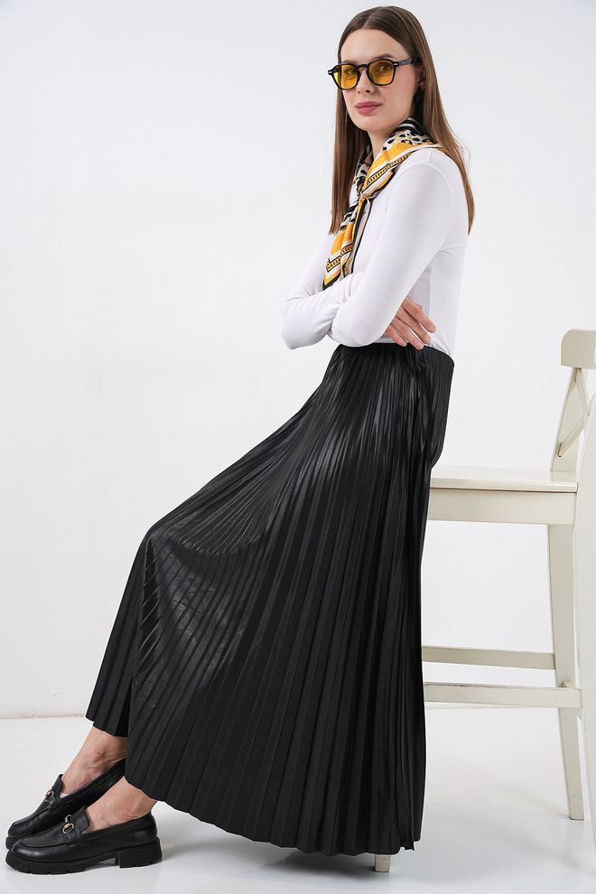 Bigdart Leather Look Pleated Skirt Black Wholesale Clothing 2