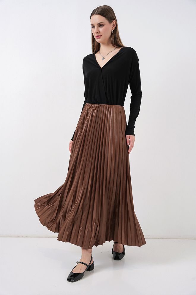 Bigdart Brown Elegant Pleated Maxi Skirt High Waist Wholesale Clothing 4