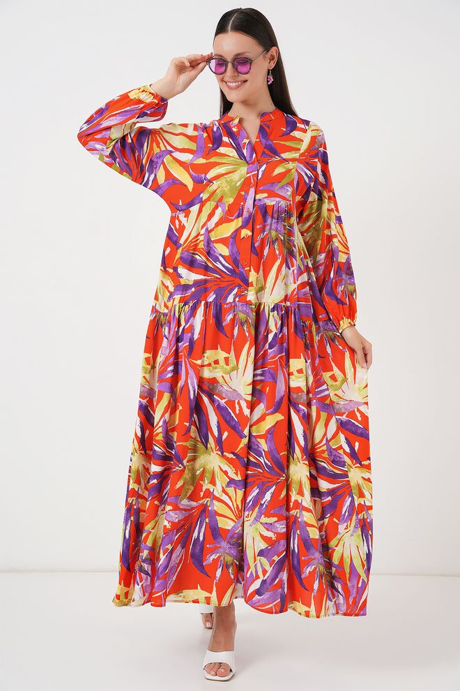 Bigdart Vestito Smock Tropicale Rosso Con Collo Alla Grandad Abbigliamento all'ingrosso Modesto