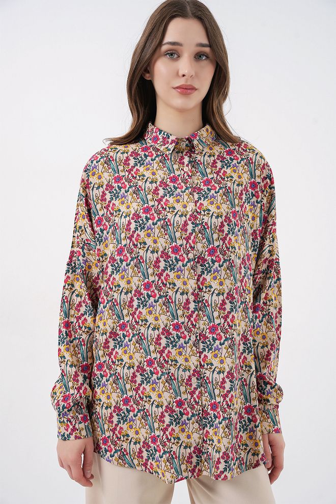 Bigdart Beżowa Kwiatowa Koszula Oversize Hurtowa sprzedaż odzieży Odpoczynek