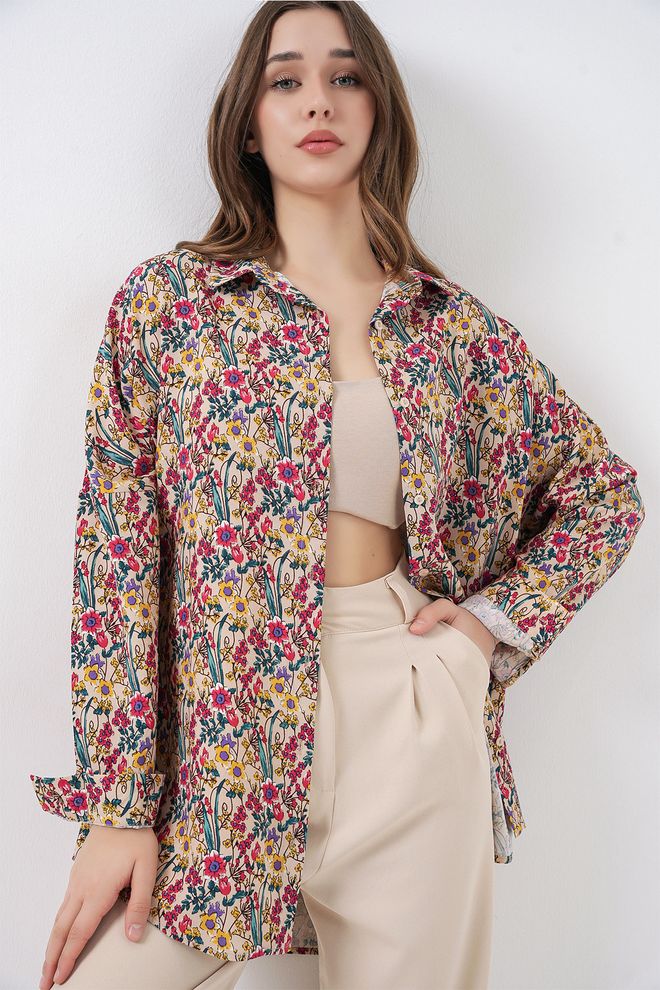 Bigdart Beżowa Kwiatowa Koszula Oversize Hurtowa sprzedaż odzieży Formalny