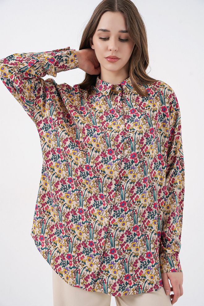 Bigdart Beżowa Kwiatowa Koszula Oversize Hurtowa sprzedaż odzieży Boho