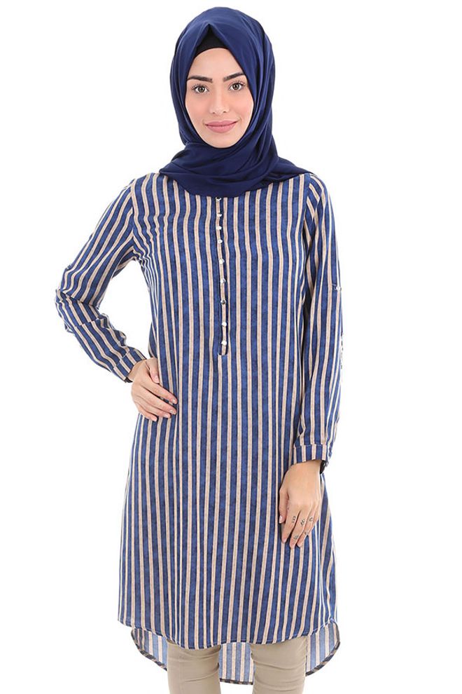 Bigdart Bleu Ethnique Modeste Décontracté Élégant Rayé Boutonné Manche Régulière Manches Droites Coupe Régulière Encolure Ronde Tunique Vêtements en gros Modeste