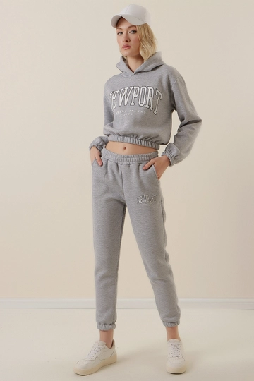 Bir model, Bigdart toptan giyim markasının  Eşofman Takımı - Gri
 toptan Eşofman Takımı ürününü sergiliyor.