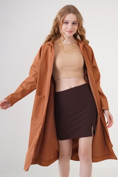A wholesale clothing model wears 43833 - Trench Coat - Camel, Turkish wholesale Trenchcoat of Bigdart