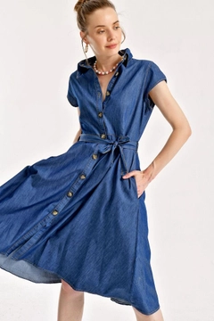 A wholesale clothing model wears 43185 - Denim Dress - Navy Blue, Turkish wholesale Dress of Bigdart