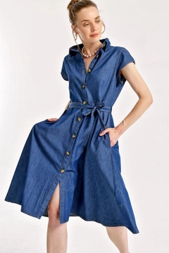 A wholesale clothing model wears 43185 - Denim Dress - Navy Blue, Turkish wholesale Dress of Bigdart