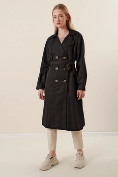 A wholesale clothing model wears 46785 - Trench Coat - Black, Turkish wholesale Trenchcoat of Bigdart