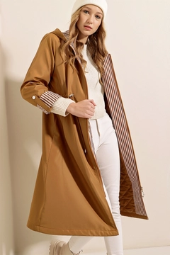 A wholesale clothing model wears 46835 - Trench Coat - Tan, Turkish wholesale Trenchcoat of Bigdart