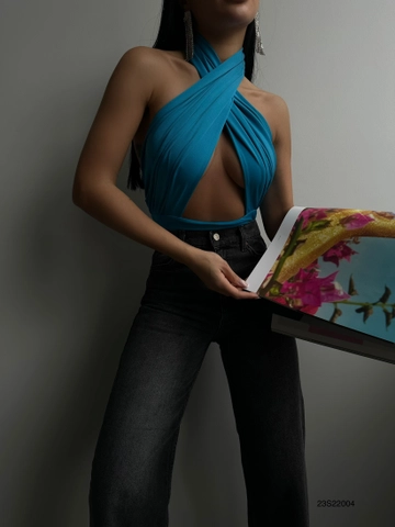 A wholesale clothing model wears  Bodysuit - Blue
, Turkish wholesale Bodysuit of Black Fashion