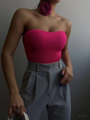 A model wears BLA10345 - Strapless Knitwear Blouse - Fuchsia, wholesale undefined of Black Fashion to display at Lonca