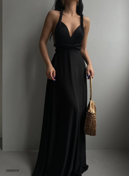 A model wears BLA10382 - Tie Maxi Dress - Black, wholesale Dress of Black Fashion to display at Lonca