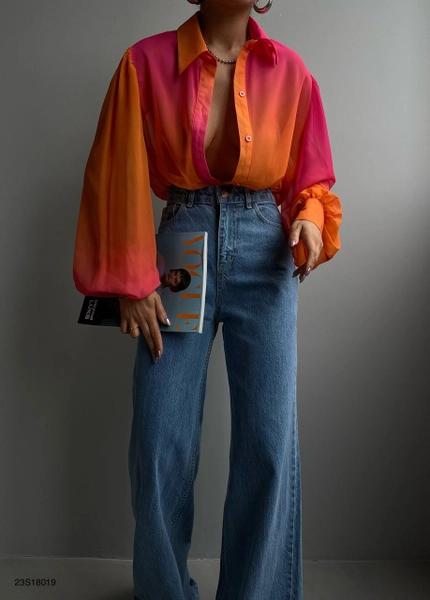 A model wears BLA10537 - Patterned Chiffon Shirt - Orange, wholesale Shirt of Black Fashion to display at Lonca
