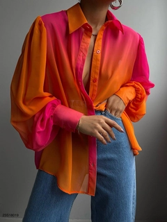 A wholesale clothing model wears BLA10537 - Patterned Chiffon Shirt - Orange, Turkish wholesale Shirt of Black Fashion
