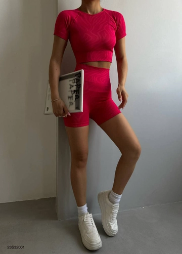 A wholesale clothing model wears  Half Sleeve Crop Blouse Cycling Tights Suit - Magenta Pink
, Turkish wholesale  of Black Fashion