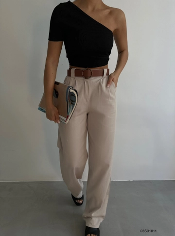 A wholesale clothing model wears  Belted Palazzo Trousers - Stone
, Turkish wholesale Pants of Black Fashion