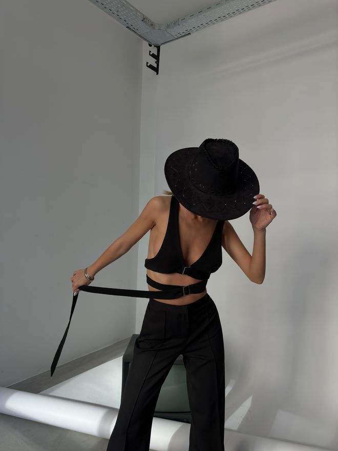 Black Fashion Conjunto De Sujetador Chaqueta Y Pantalón Con Detalle De Etiqueta Negro Ropa al por mayor Elegante