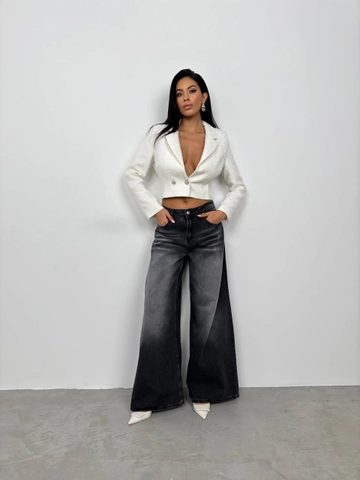 A wholesale clothing model wears  Double Belt High Waist Jean - Snow Wash Smoked
, Turkish wholesale Jeans of Black Fashion