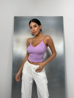 A wholesale clothing model wears bla11502-stone-strap-knitted-blouse-lilac, Turkish wholesale Crop Top of Black Fashion