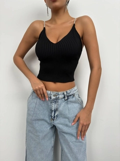 A wholesale clothing model wears bla11504-stone-strap-knitted-blouse-black, Turkish wholesale Crop Top of Black Fashion