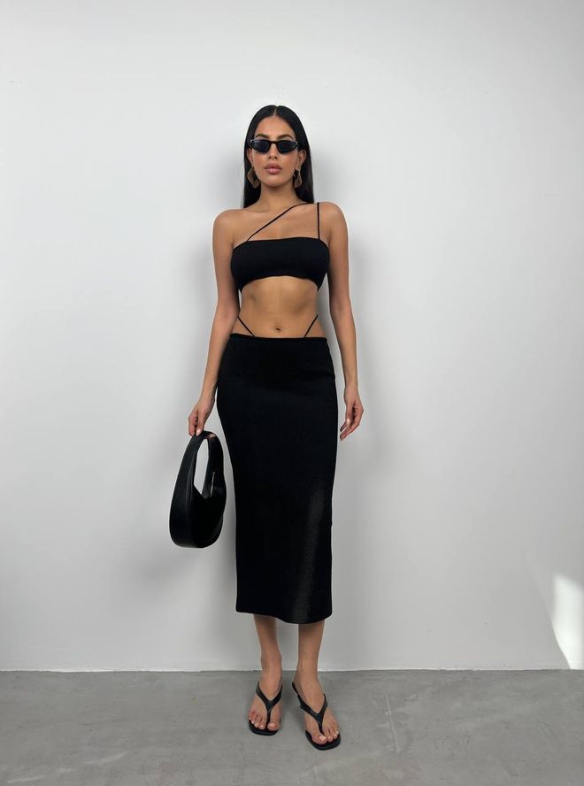 Black Fashion Saia Maxi Texturizada Com Detalhe De Corda Preta Roupas por atacado Casual