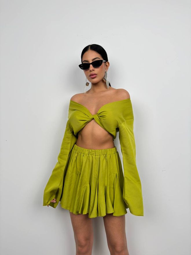 Black Fashion Kayık Yaka Uzun Kol Crop Lime Toptan Giyim Gündelik
