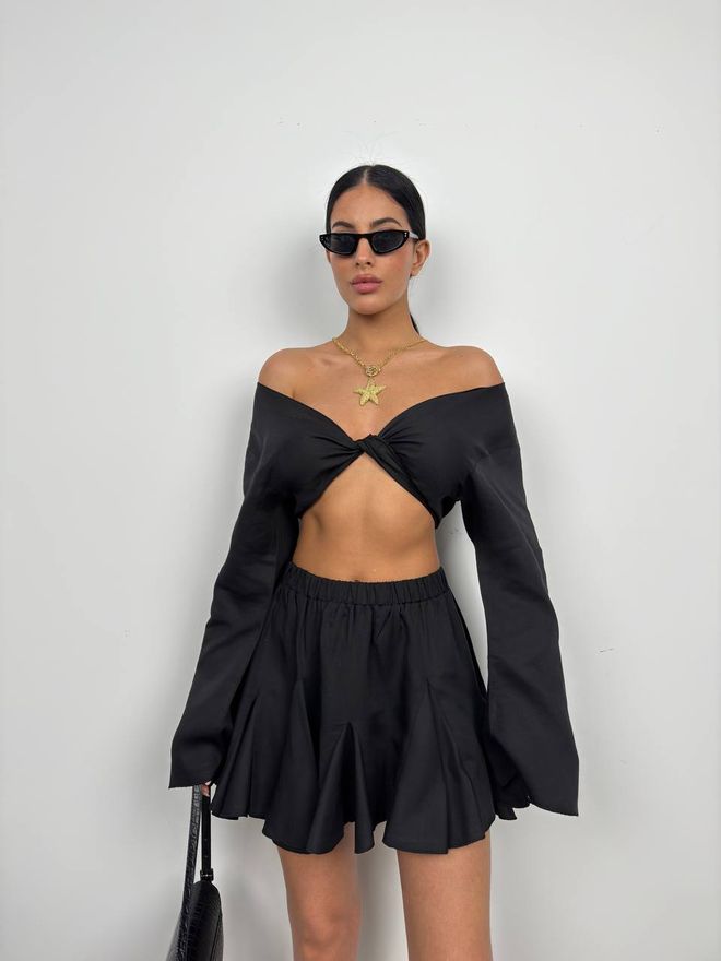 Black Fashion Kayık Yaka Uzun Kol Crop Siyah Toptan Giyim Gündelik