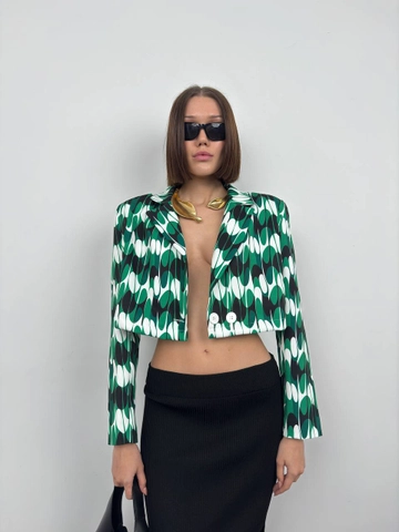 A wholesale clothing model wears  Patterned Crop Jacket - Green
, Turkish wholesale Jacket of Black Fashion