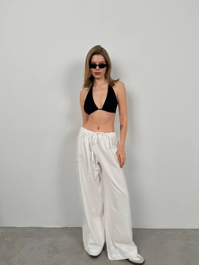 Black Fashion Pantalon En Voile Détail Tunnel Blanc Vêtements en gros Décontracté