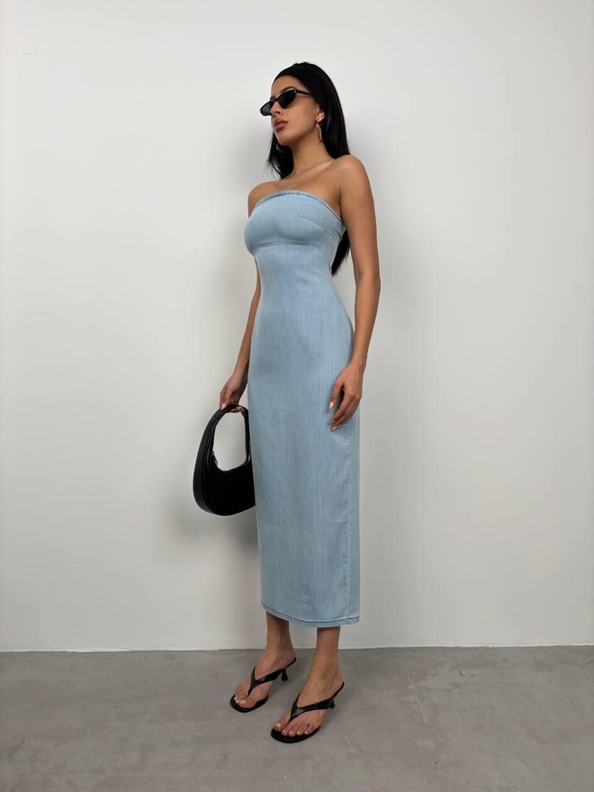 Black Fashion Strapless Denim Dress Light Blue Wholesale Clothing Polyester