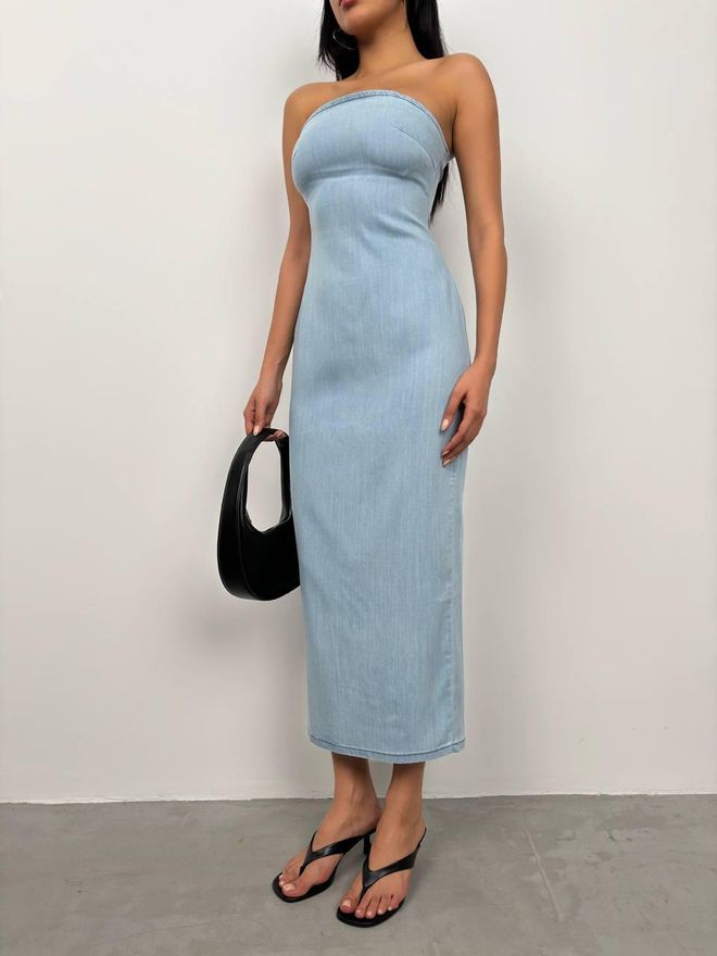 ESPADA Robe Bleu Moulante Midi Sans Bretelles Vêtements en gros Élégant