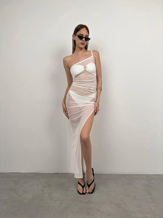 Black Fashion Λεπτομέρεια One Shoulder Slit Pareo Ecru Χονδρικό εμπόριο ενδυμάτων Casual
