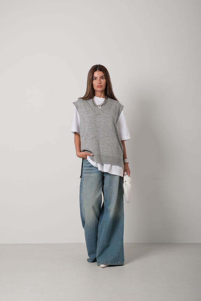 Black Fashion V Neck Oversize Sweater Gray Wholesale Clothing Casual