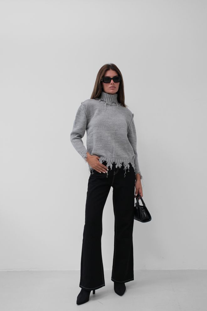 Black Fashion سترة بياقة مدورة وتفاصيل ليزر رمادي ملابس بالجملة غير رسمي