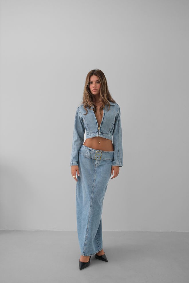 Black Fashion Fusta Maxi Denim Cu Detaliu Curea Albastru Deschis Îmbrăcăminte cu ridicata Casual