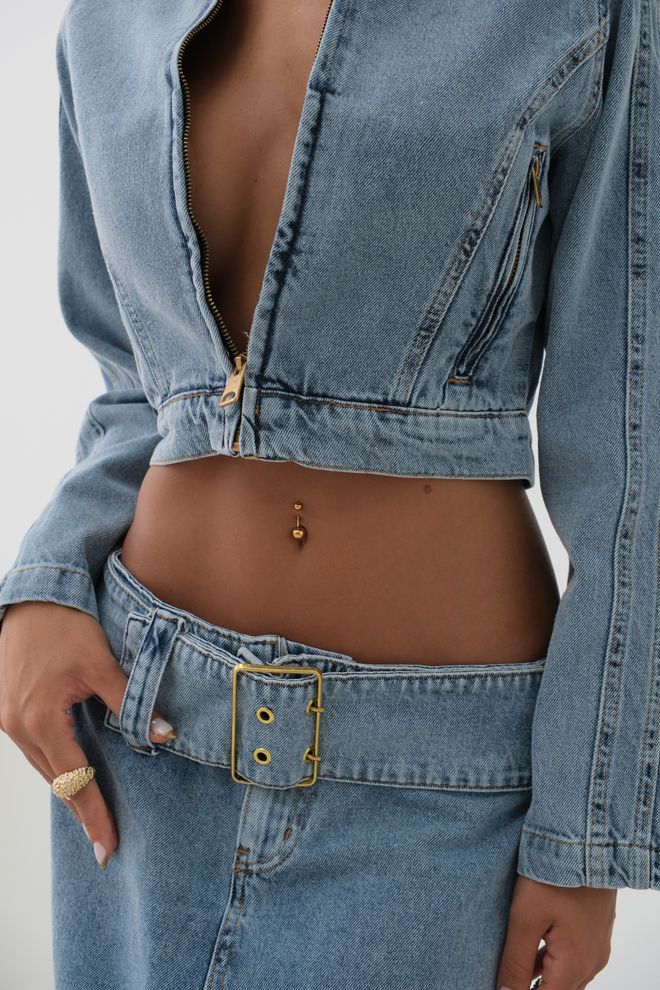 ESPADA سترة من الدنيم أزرق اقتصاص بسحاب جسم مثالي سائق شاحنة ملابس بالجملة ربيع