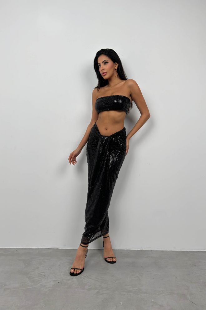 Black Fashion Комплект С Укороченной Юбкой Без Бретелек С Пайетками Черный Оптовая продажа одежды Гламурный