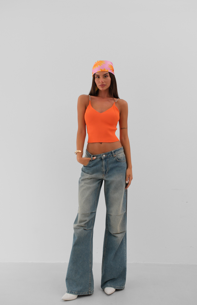 Black Fashion Blouse Tricotée À Bretelles En Pierre Orange Vêtements en gros Décontracté