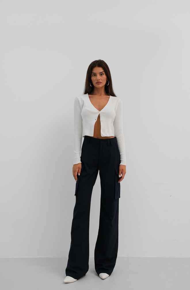 Black Fashion Broek met hoge taille en cargozakken marineblauw Groothandel Kleding Casual