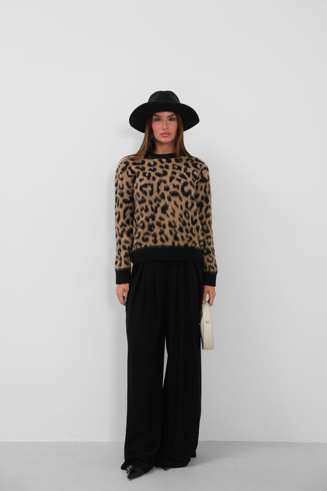 Black Fashion Übergroßer Pullover Mit Leopardenmuster – Leopard Großhandelskleidung Lässig