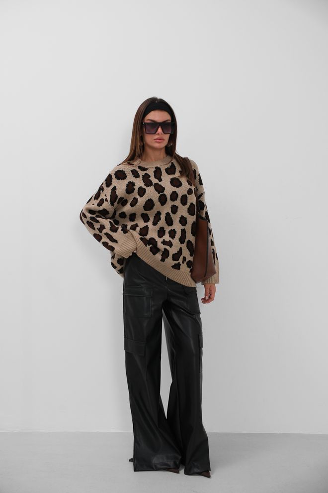 Black Fashion Pullover Mit Leopardenmuster – Braun Großhandelskleidung Lässig