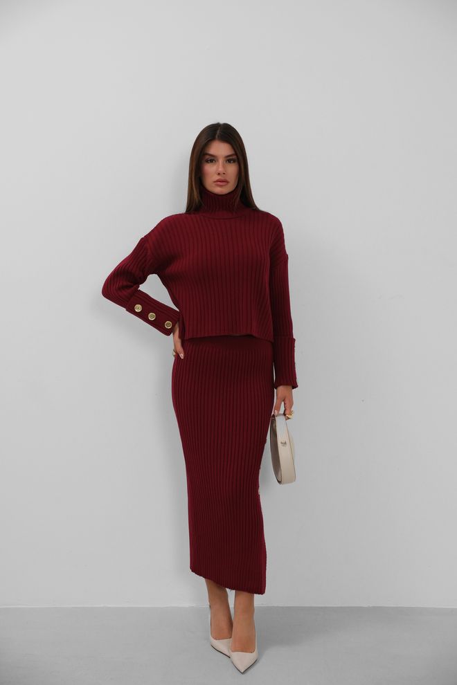 Black Fashion Трикотажный Комплект Из Свитера С Воротником На Пуговицах И Юбки — Бордовый Красный Оптовая продажа одежды Повседневный