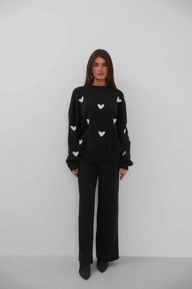 Black Fashion Трикотажный Комплект Из Свитера И Брюк С Узором В Виде Сердечек Черный Оптовая продажа одежды Повседневный